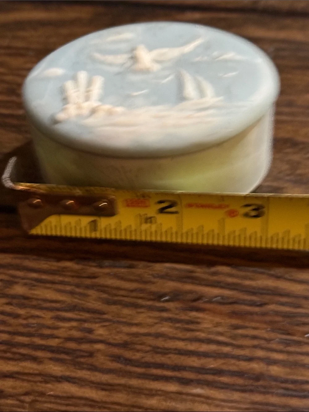 Blue Oval Soapstone Trinket Box White Nautical Scene in Relief Signed R Nemith